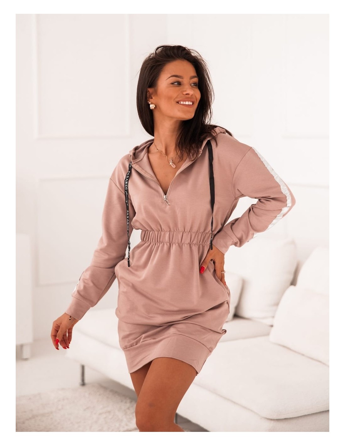 Rochie hanorac dama cu dungi si gluga cappuccino FI657 - Magazin online - Boutique